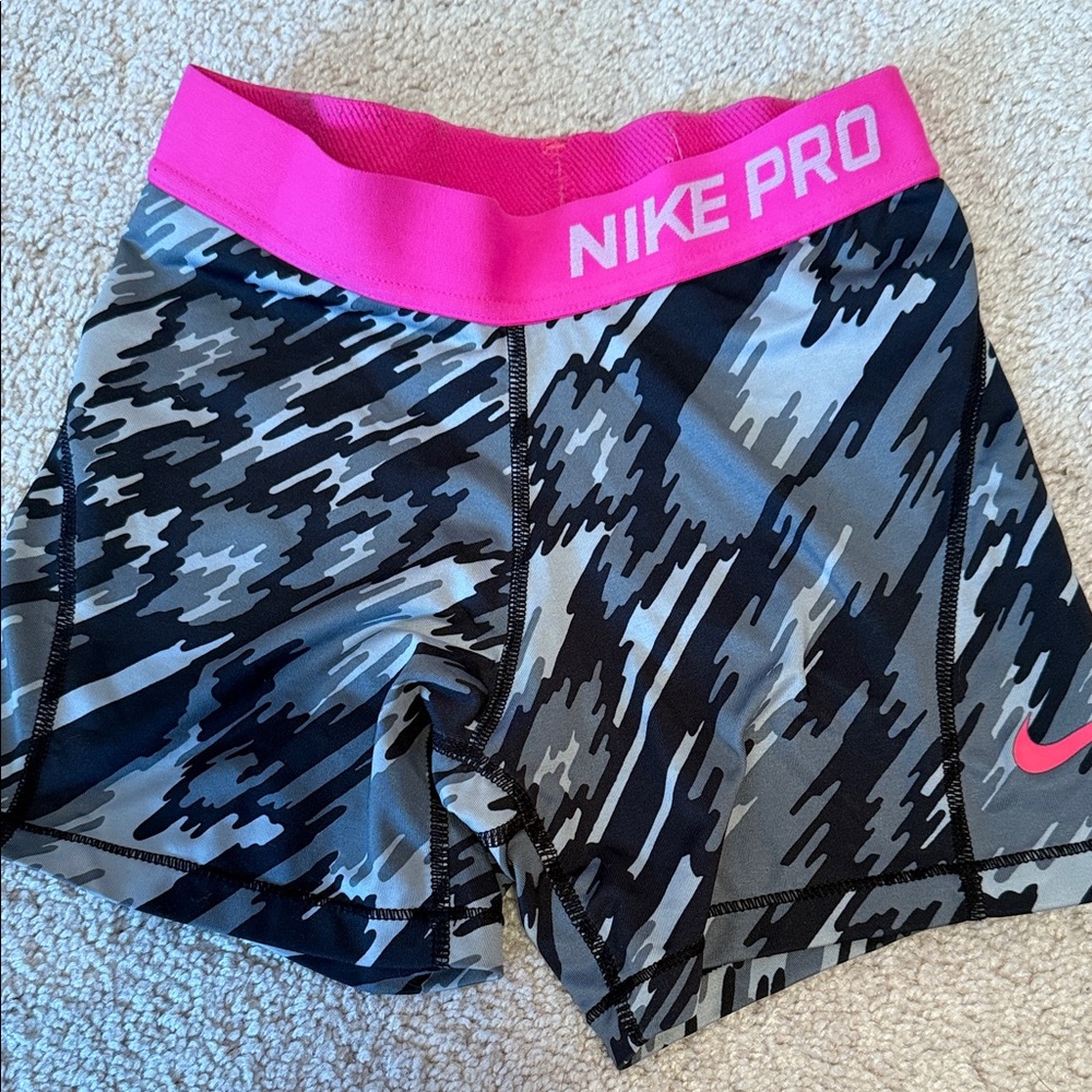 Nike Pro Women's Athletic Shorts - Pink and Black Camo